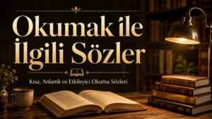 Açık kitap, masa lambası ve kitap yığınları bulunan kütüphane temalı Okumak ile İlgili Sözler kapak görseli