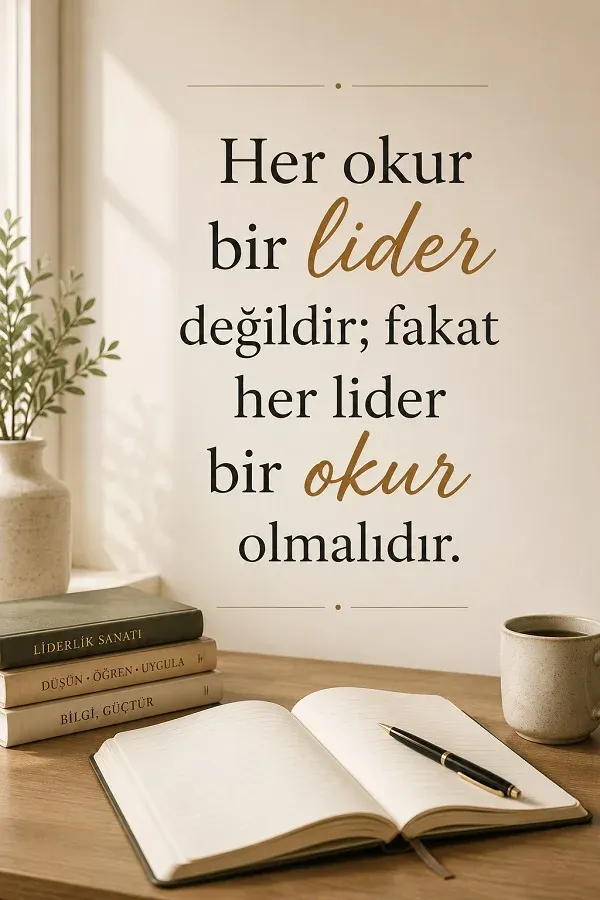 Çalışma masası üzerinde kitaplar ve liderlik üzerine anlamlı söz bulunan görsel