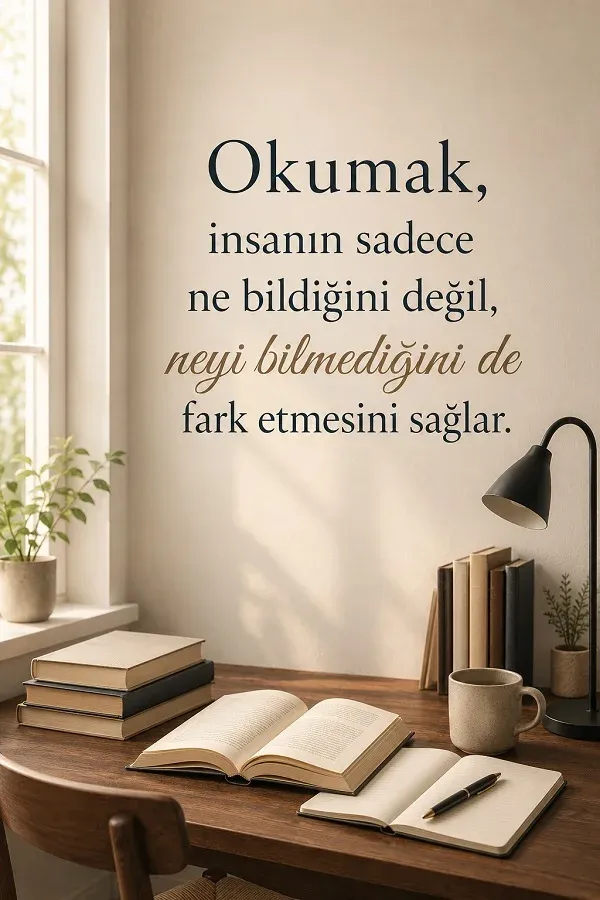 Açık kitaplı çalışma masası ve okumak üzerine düşündürücü söz bulunan görsel