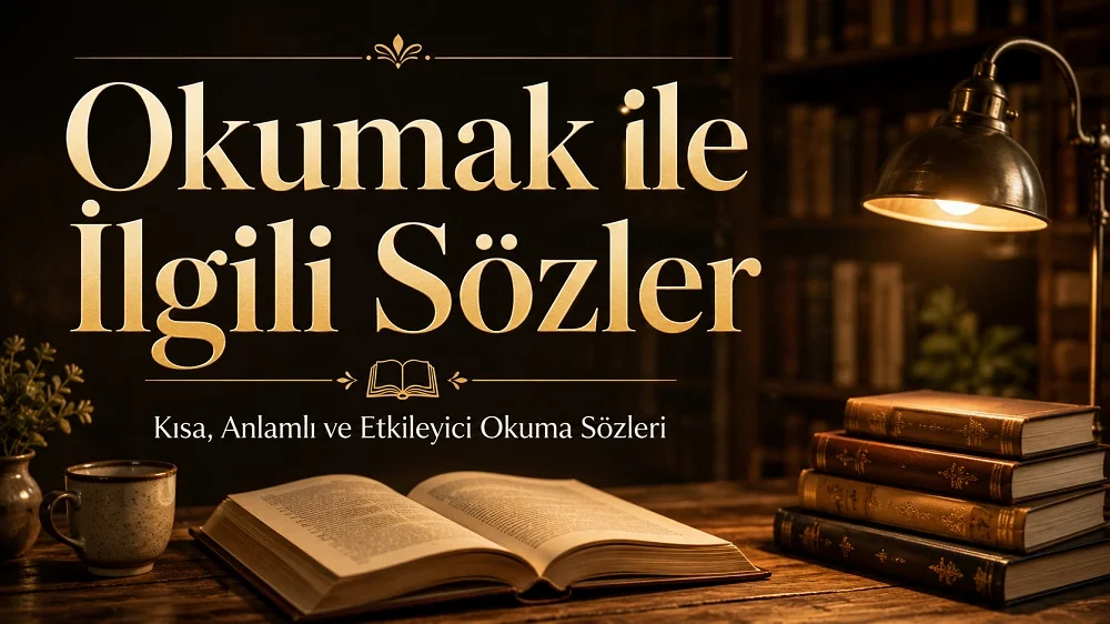 Açık kitap, masa lambası ve kitap yığınları bulunan kütüphane temalı Okumak ile İlgili Sözler kapak görseli