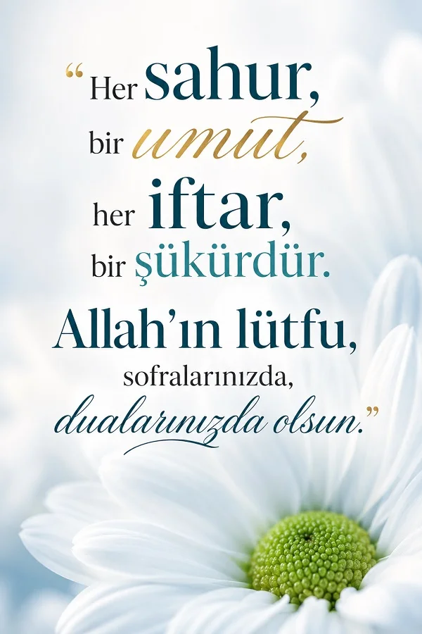 Açık tonlu çiçekli arka plan üzerinde “Her sahur, bir umut, her iftar, bir şükürdür. Allah’ın lütfu, sofralarınızda, dualarınızda olsun.” sözü.