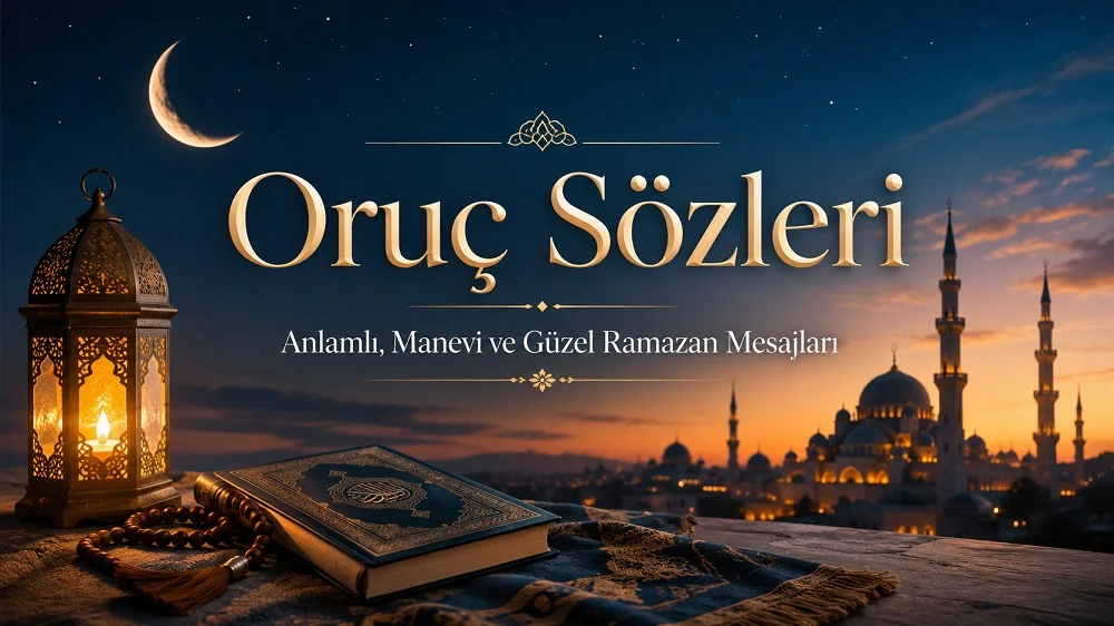 Hilal, kandil, Kur’an, tesbih ve cami manzarasıyla hazırlanmış oruç sözleri kapak görseli.