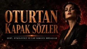 Oturtan Kapak Sözler yazısının yer aldığı, koyu arka plan, bakır renkli büyük yazı, duman efektleri ve özgüvenli kadın figürü bulunan kapak görseli.