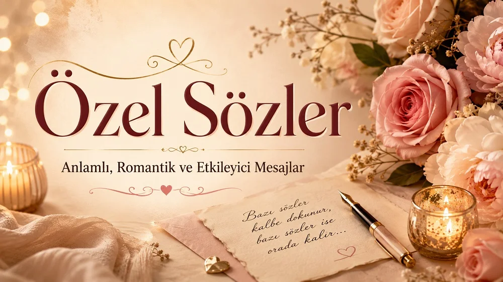 Özel Sözler başlıklı, pembe güller, mum ışığı, kalem ve el yazılı not detaylarıyla hazırlanmış romantik ve etkileyici blog kapak görseli.