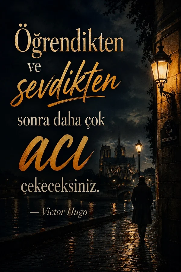 Gece vakti eski şehir sokaklarında yürüyen bir siluet ve “Öğrendikten ve sevdikten sonra daha çok acı çekeceksiniz.” Victor Hugo sözü.