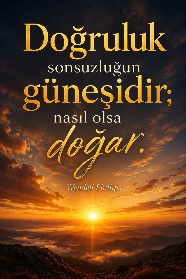 Dağ manzarası üzerinde doğan güneş ve “Doğruluk sonsuzluğun güneşidir; nasıl olsa doğar.” Wendell Phillips sözü.