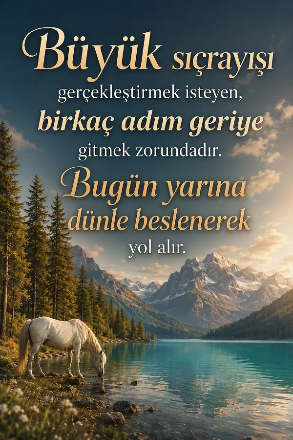 Dağ ve göl manzarası önünde su içen beyaz at ile “Büyük sıçrayışı gerçekleştirmek isteyen, birkaç adım geriye gitmek zorundadır.” sözü.