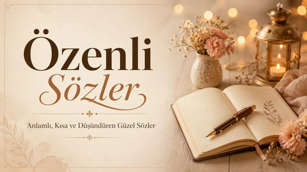 Defter, kalem, çiçek ve mum detaylarıyla hazırlanmış özenli sözler kapak görseli.