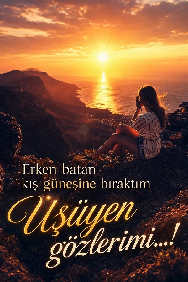 Gün batımında denize bakan kayalıkta oturan kadın ve “Erken batan kış güneşine bıraktım üşüyen gözlerimi..!” sözü.