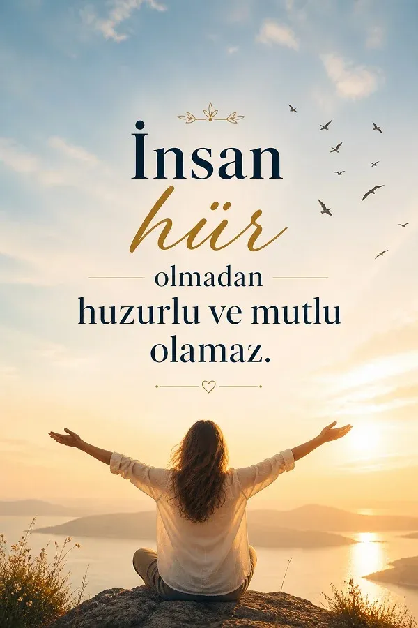 Gün doğumunda özgürlüğü simgeleyen insan silueti ve anlamlı söz