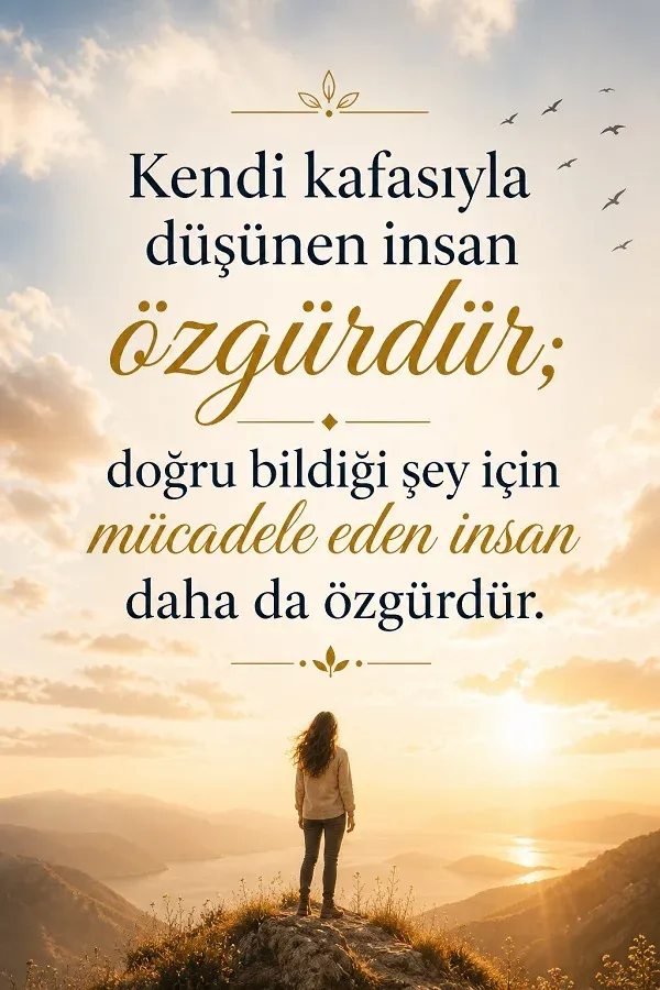 Dağ zirvesinde duran kişi ve özgürlük üzerine söz