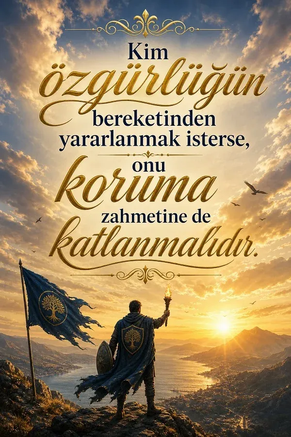Dağ manzarasında bayrak taşıyan figür ve özgürlük sözleri