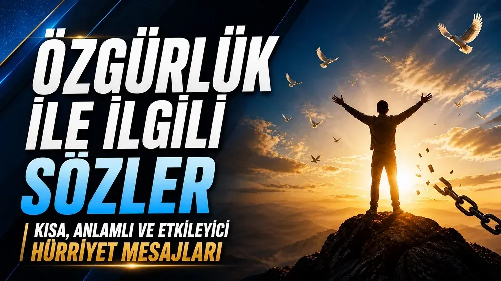 Özgürlük ile ilgili sözler başlıklı blog yazısı için gün doğumunda kollarını açan insan, uçan kuşlar ve kırılmış zincir detaylarıyla hazırlanmış kapak görseli.