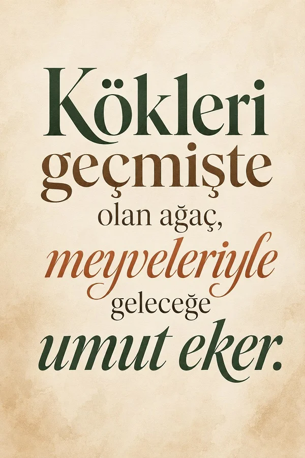Açık tonlu sade arka plan üzerinde “Kökleri geçmişte olan ağaç, meyveleriyle geleceğe umut eker.” sözü.