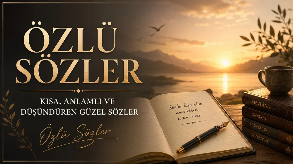 Özlü sözler başlıklı, gün doğumu manzarası, açık defter, kalem, kahve fincanı ve felsefi kitaplarla hazırlanmış anlamlı sözler kapak görseli.