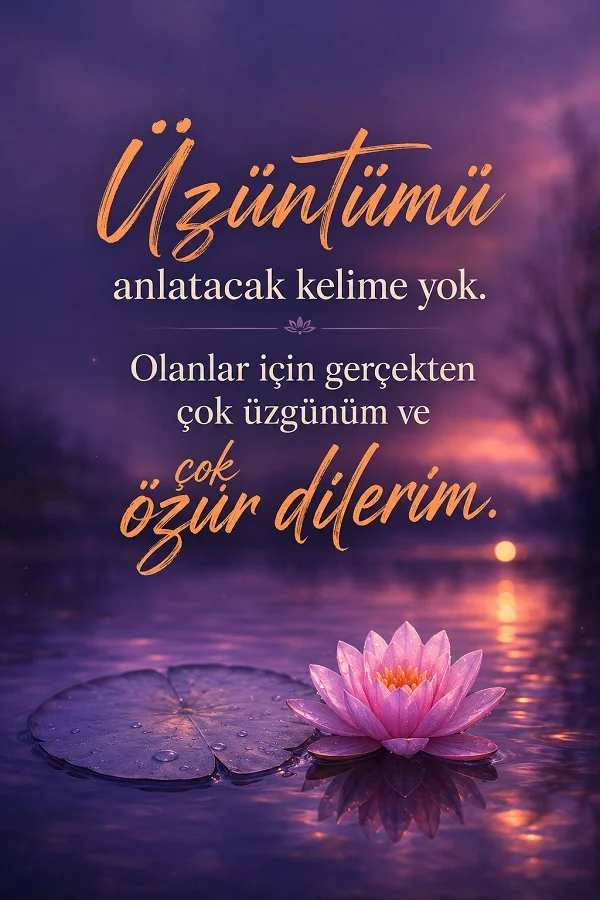 Mor gün batımı ve nilüfer çiçeği arka planında “Üzüntümü anlatacak kelime yok. Olanlar için gerçekten çok üzgünüm ve çok özür dilerim” sözünün yer aldığı özür dileme tasarımı.