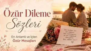 Gün batımı tonlarında hazırlanmış yatay kapak görselinde, sol tarafta “Özür Dileme Sözleri” başlığı ve “En Anlamlı ve İçten Özür Mesajları” alt metni; sağ tarafta birbirine yakın duran çift silüeti, çiçek buketi, özür notu, kalem ve mum detayı yer alıyor.