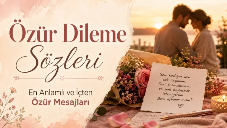 Gün batımı tonlarında hazırlanmış yatay kapak görselinde, sol tarafta “Özür Dileme Sözleri” başlığı ve “En Anlamlı ve İçten Özür Mesajları” alt metni; sağ tarafta birbirine yakın duran çift silüeti, çiçek buketi, özür notu, kalem ve mum detayı yer alıyor.