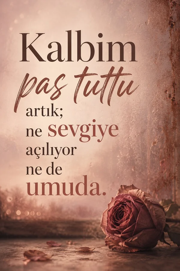 Solmuş gül ve yumuşak kahverengi arka plan eşliğinde “Kalbim pas tuttu artık; ne sevgiye açılıyor ne de umuda.” yazılı duygusal söz görseli.