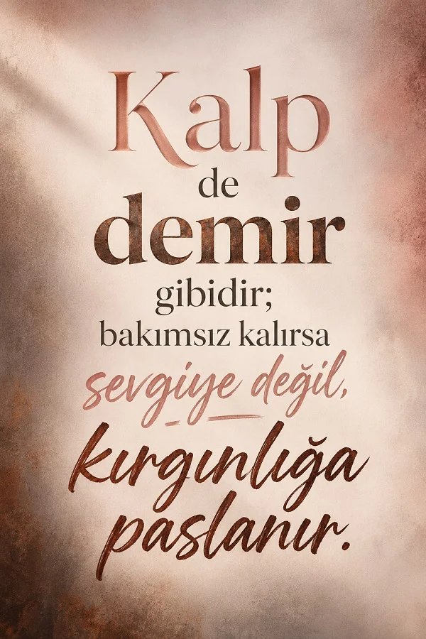 Açık kahverengi ve pas renkli fonda “Kalp de demir gibidir; bakımsız kalırsa sevgiye değil, küskünlüğe paslanır.” sözü yer alıyor.