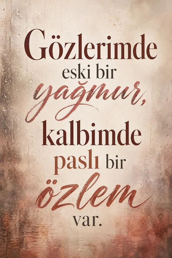 Yağmur dokulu arka plan üzerinde “Gözlerimde eski bir yağmur, kalbimde paslı bir özlem var.” yazılı hüzünlü söz tasarımı.