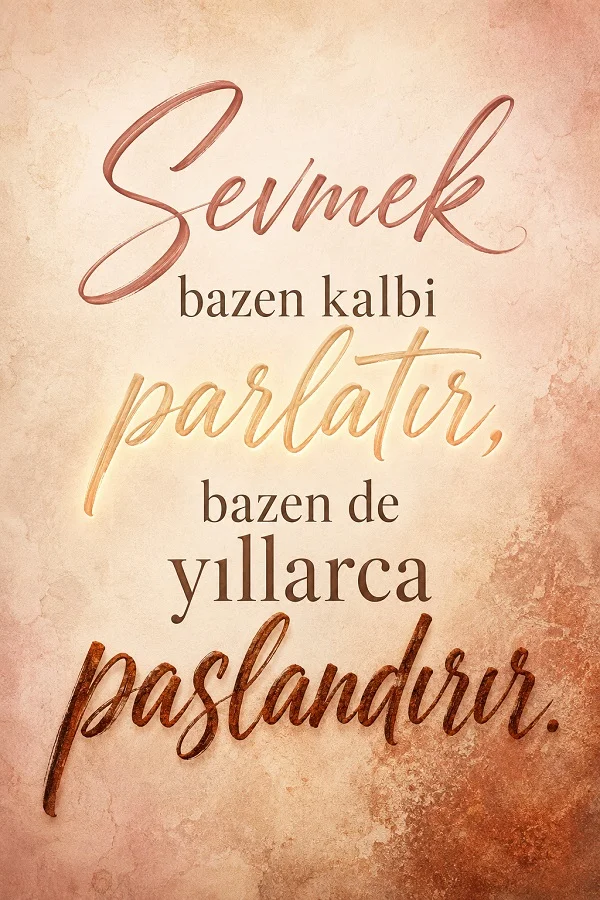 Açık pembe ve kahverengi tonlarda arka plan üzerinde “Sevmek bazen kalbi parlatır, bazen de yıllarca paslandırır.” sözü yer alıyor.