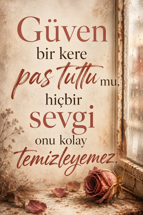 Pencere önünde solmuş gül bulunan arka planda “Güven bir kere pas tuttu mu, hiçbir sevgi onu kolay temizleyemez.” sözü yazıyor.