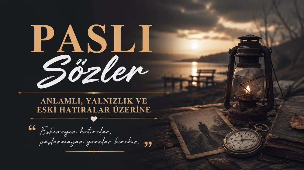 Paslı sözler başlıklı, loş göl kenarı manzarası, eski fener, cep saati, fotoğraf ve nostaljik detaylarla hazırlanmış yalnızlık ve eski hatıralar temalı kapak görseli.
