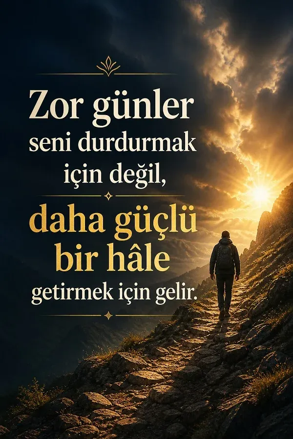 Dağ yolunda yürüyen insan ve motivasyon sözleri