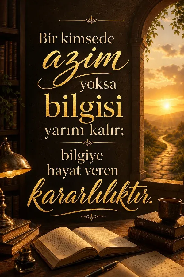 Kitaplar ve çalışma masası ile motivasyon sözü