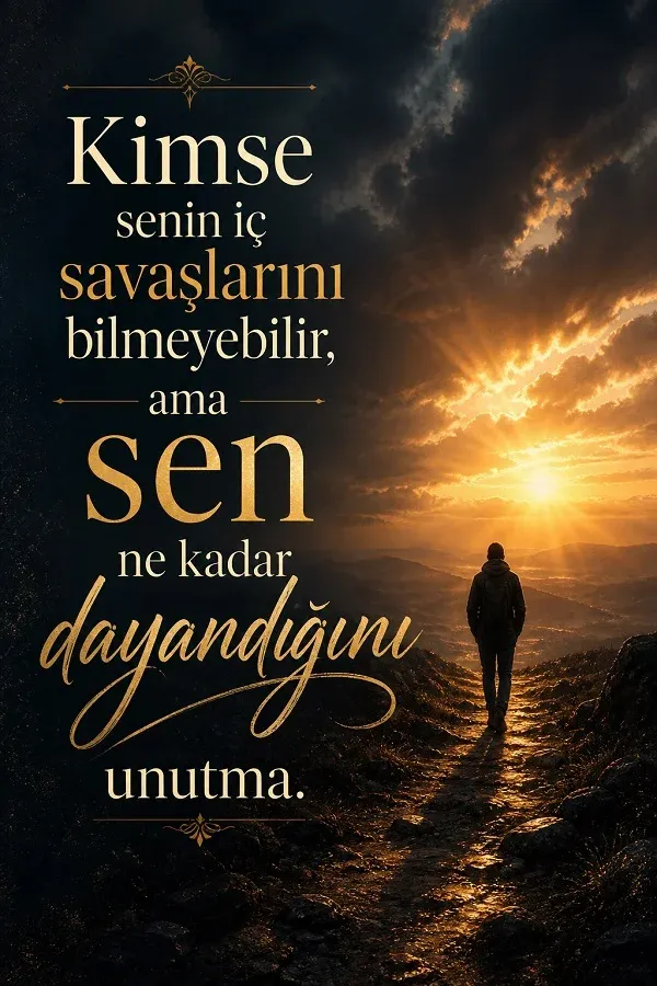 Dağ yolunda yürüyen kişi ve içsel güç teması