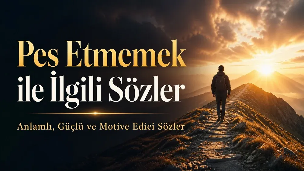 Dağ yolunda güneşe doğru yürüyen bir kişi ve üzerinde “Pes Etmemek ile İlgili Sözler Anlamlı, Güçlü ve Motive Edici Sözler” yazan motivasyon temalı kapak görseli.