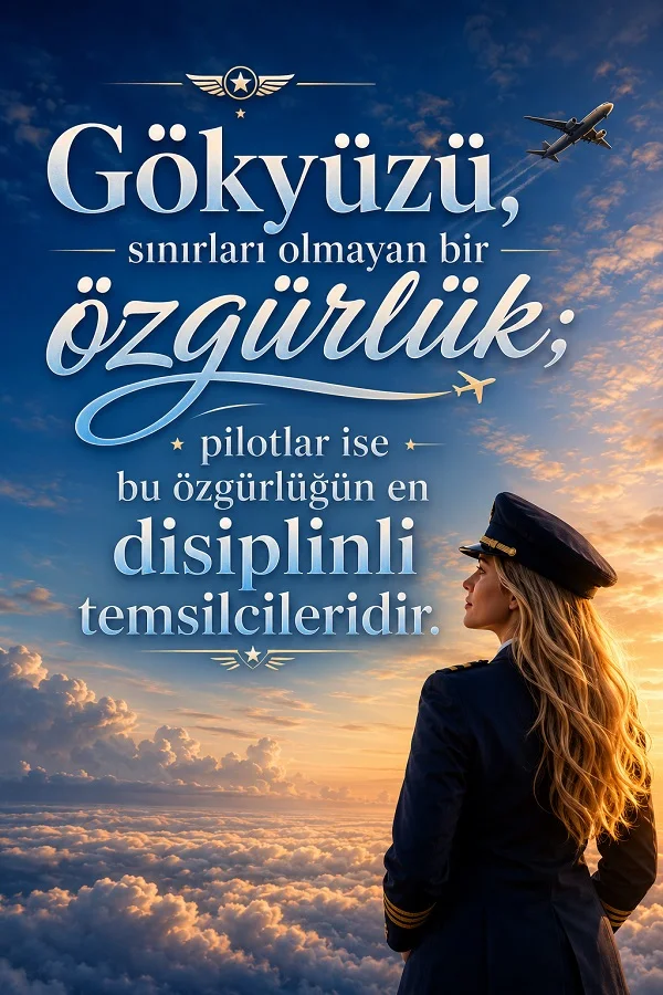 Bulutların üzerinde gün batımı manzarasına bakan kadın pilot ve “Gökyüzü, sınırları olmayan bir özgürlük; pilotlar ise bu özgürlüğün en disiplinli temsilcileridir.” sözü.