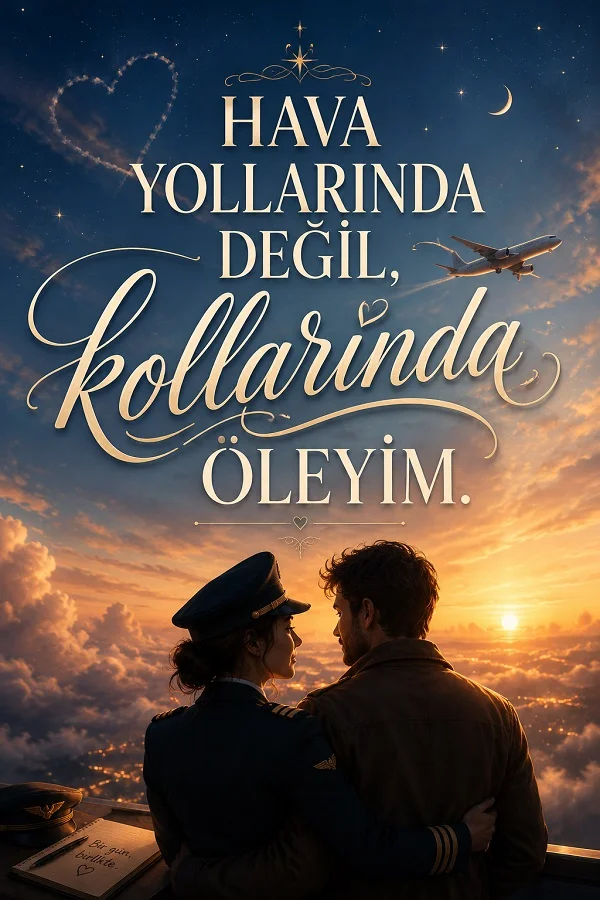 Bulutlar üzerinde gün batımında sarılan pilot kadın ve erkek ile “Hava yollarında değil, kollarında öleyim.” yazılı romantik tasarım.