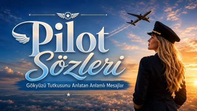 Gökyüzüne bakan uzun sarı saçlı kadın pilot, uçak ve bulutlar eşliğinde Pilot Sözleri başlıklı ilham verici kapak tasarımı.