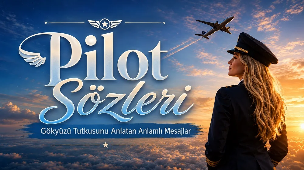 Gökyüzüne bakan uzun sarı saçlı kadın pilot, uçak ve bulutlar eşliğinde Pilot Sözleri başlıklı ilham verici kapak tasarımı.