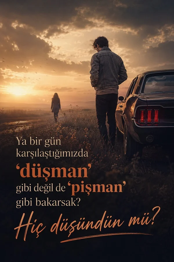 Gün batımında bir arabanın yanında duran adam ve uzaklaşan kadın silueti eşliğinde, “Ya bir gün karşılaştığımızda düşman gibi değil de pişman gibi bakarsak? Hiç düşündün mü?” sözünün yer aldığı görsel.