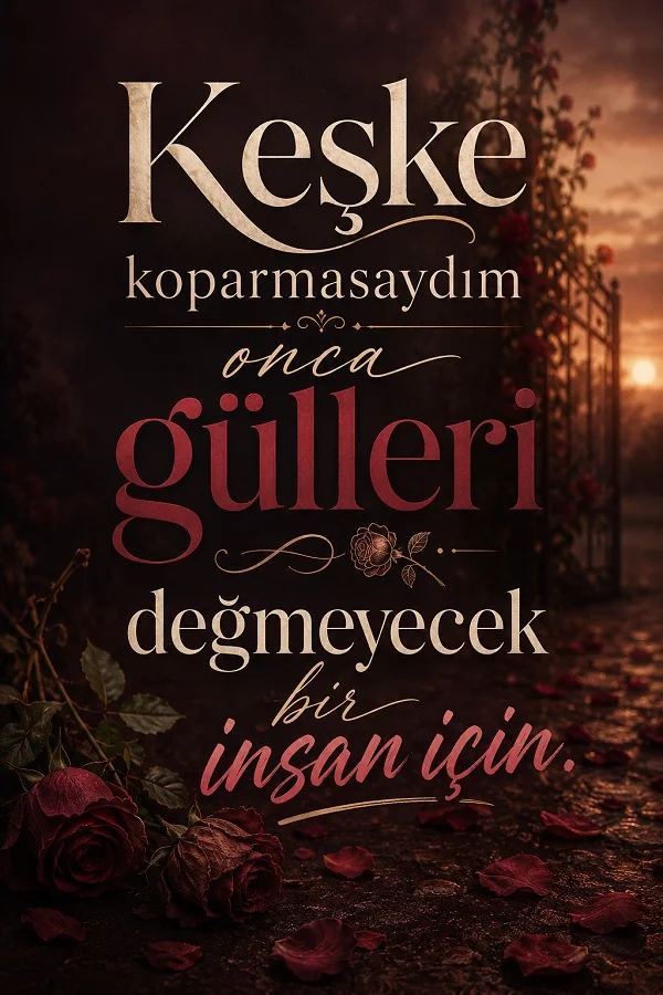 Solmuş güller ve kırmızı tonlardaki karanlık arka plan üzerinde, “Keşke koparmasaydım onca gülleri değmeyecek bir insan için.” sözünün yer aldığı görsel.
