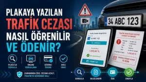 Plakaya yazılan trafik cezası sorgulama ve ödeme işlemlerini gösteren, araç plakası, mobil sorgulama ekranı, trafik cezası tutanağı ve ödeme ikonları içeren kapak görseli.