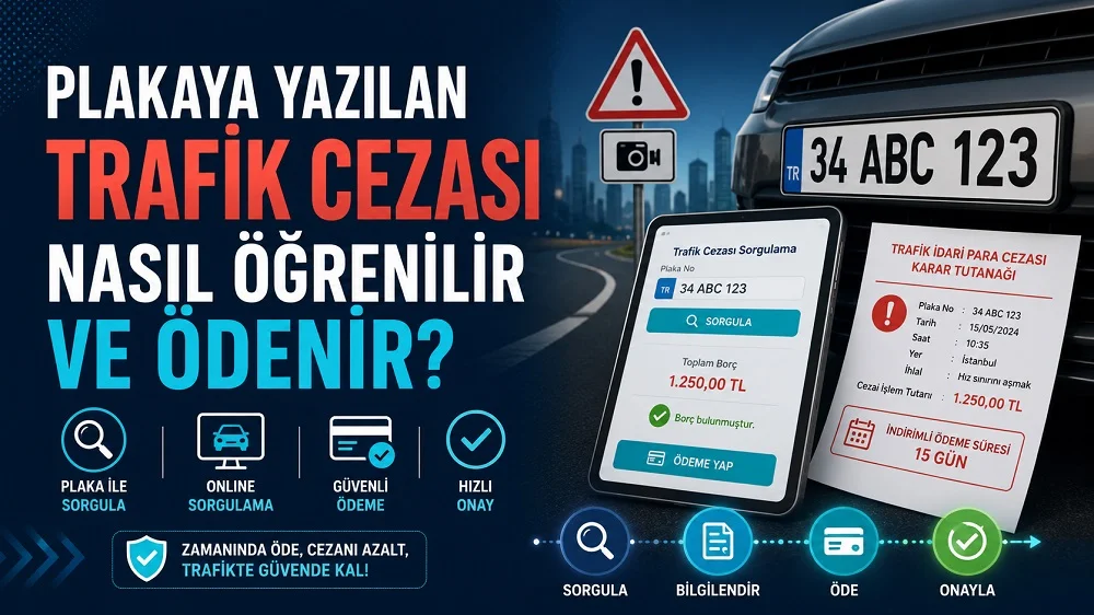 Plakaya yazılan trafik cezası sorgulama ve ödeme işlemlerini gösteren, araç plakası, mobil sorgulama ekranı, trafik cezası tutanağı ve ödeme ikonları içeren kapak görseli.