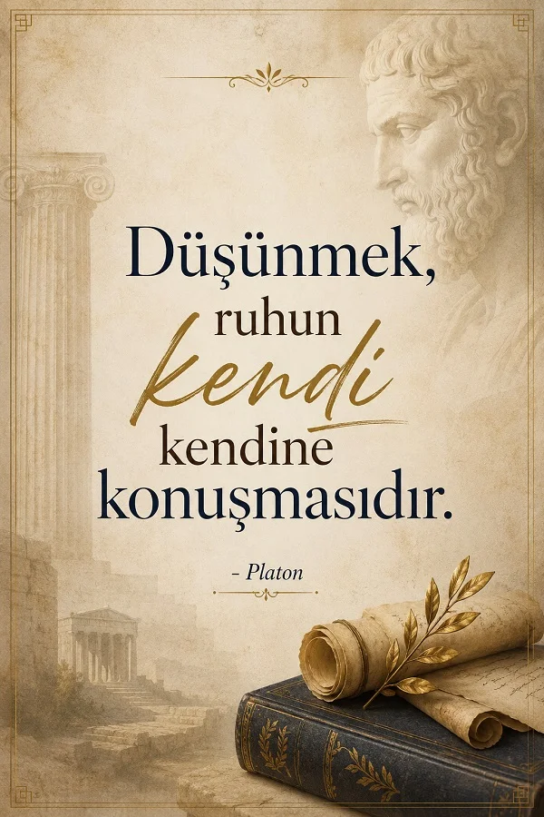Antik Yunan esintili fonda Platon’un portresi, sütun ve parşömen yanında “Düşünmek, ruhun kendi kendine konuşmasıdır.” sözü yer alıyor.