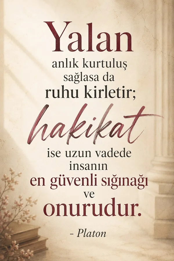 Açık bej fonda sütun ve kitap detaylarıyla “Yalan anlık kurtuluş sağlasa da ruhu kirletir; hakikat ise uzun vadede insanın en güvenli sığınağı ve onurudur.” sözü yazıyor.
