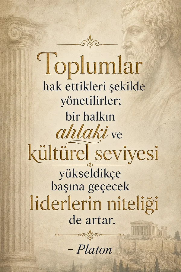 Antik Yunan temalı arka planda Platon’un portresi ve tapınak silüetiyle “Toplumlar hak ettikleri şekilde yönetilirler...” diye başlayan uzun bir söz bulunuyor.