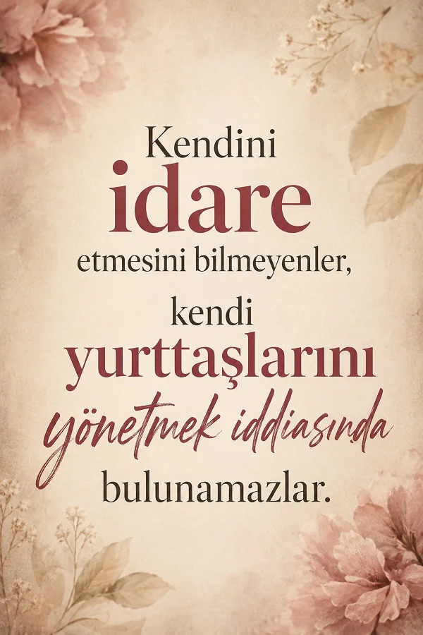 Pastel çiçekli fonda “Kendini idare etmesini bilmeyenler, kendi yurttaşlarını yönetmek iddiasında bulunamazlar.” sözü yer alıyor.