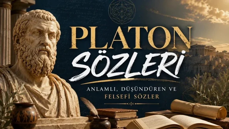 Antik Yunan temalı arka planda Platon büstü, kitaplar, parşömenler ve “Platon Sözleri” yazısı bulunan felsefi kapak görseli.