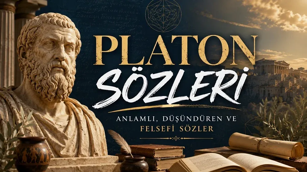 Antik Yunan temalı arka planda Platon büstü, kitaplar, parşömenler ve “Platon Sözleri” yazısı bulunan felsefi kapak görseli.