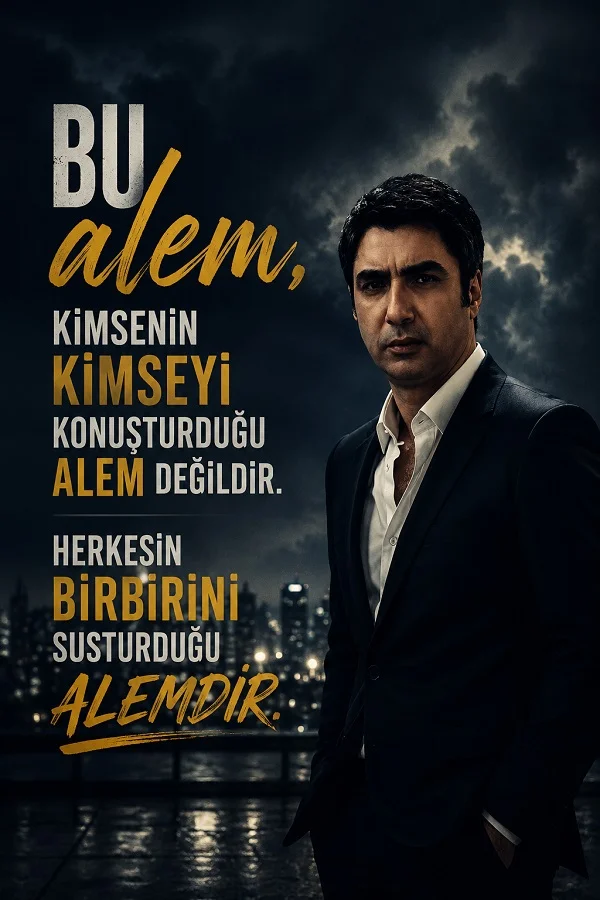 Koyu takım elbiseli bir adamın şehir manzarası önünde durduğu, alem ve suskunluk üzerine sert bir söz içeren tasarım.
