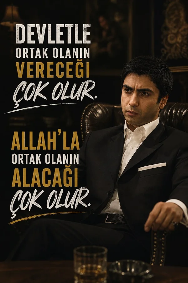 Deri koltukta oturan takım elbiseli adam ve devletle ortak olmak ile Allah’la ortak olmak üzerine yazılmış sert söz.
