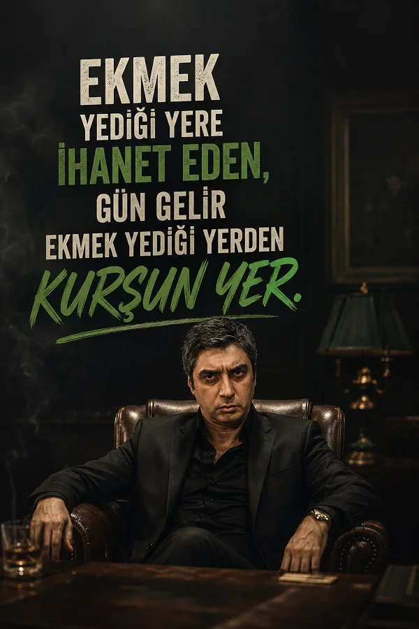 Koyu arka planda oturan sert bakışlı bir adam ve ekmek yediği yere ihanet etmenin bedelini anlatan ağır söz.