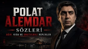 Koyu ve dramatik arka plan üzerinde takım elbiseli Polat Alemdar benzeri karakter portresi, İstanbul silüeti ve “Polat Alemdar Sözleri: Ağır, Kısa ve Unutulmaz Replikler” yazısının yer aldığı yatay kapak görseli.